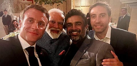 பிரதமர் மோடி, நடிகர் மாதவனுடன் செல்ஃபி எடுத்த பிரான்ஸ் அதிபர் - வைரலாகும் புகைப்படம்