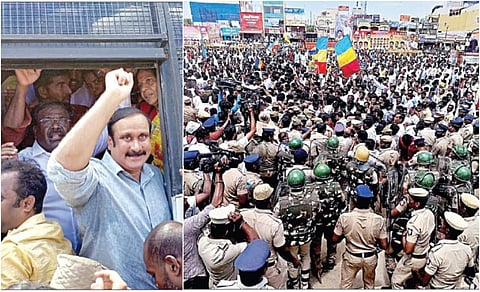 என்எல்சி சுரங்க விரிவாக்கத்துக்காக விளைநிலங்களை கையகப்படுத்த எதிர்ப்பு தெரிவித்து நெய்வேலியில் நேற்று முற்றுகை போராட்டம் நடத்திய பாமக தலைவர் அன்புமணி உள்ளிட்டோர் கைது செய்யப்பட்டனர். நெய்வேலி ஆர்ச்கேட் முன்பு திரண்ட பாமகவினர் மற்றும் பாதுகாப்புக்காக குவிக்கப்பட்ட போலீஸார். படங்கள்: ந.முருகவேல்