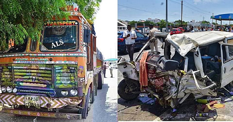 விபத்தை ஏற்படுத்திய லாரி மற்றும் விபத்துக்குள்ளான ஆம்னி கார்.