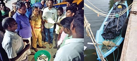 தரங்கம்பாடி மீன்பிடி துறைமுகத்தில் போலீஸார், அதிகாரிகள் முன்னிலையில் நேற்று மீன்களை ஏலம் விட்ட மீனவர்கள். (அடுத்த படம்) சிறைபிடிக்கப்பட்ட சந்திரபாடி மீனவர்களின் பைபர் படகு.படங்கள்: வீ.தமிழன்பன்