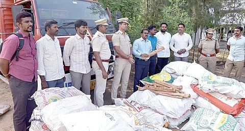 பறிமுதல் செய்யப்பட்ட லாரி மற்றும் சந்தன மரக்கட்டைகளுடன் காவல்துறையினர், வனத்துறை அதிகாரிகள்.  படம் : ஜெ.மனோகரன்