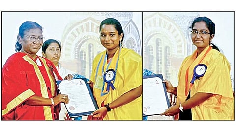 குடியரசுத் தலைவர் திரவுபதி முர்முவிடமிருந்து பதக்கம் பெறும் கவுரிவாக்கம் பிரின்ஸ்  வெங்கடேஸ்வரா கலை அறிவியல் கல்லூரி மாணவி கள் சுதர்சனா, ஜி.கலையரசி. இவர்களையும் சேர்த்து 10 பேர் பல்கலைஅளவில் முதலிடம் பிடித்து தங்கப் பதக்கம் பெற்றனர் என்பது குறிப் பிடத்தக்கது.