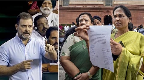 இடது: மக்களவையில் ராகுல் காந்தி | வலது: புகார் கடிதத்துடன் மத்திய அமைச்சர் சோபா கரந்தலாஜே