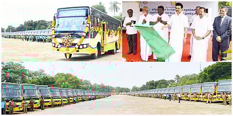 ரூ.14.90 கோடி மதிப்பீட்டில் புதுப்பிக்கப்பட்ட 100 பேருந்துகளை பொதுமக்களின் பயன்பாட்டுக்காக முதல்வர் ஸ்டாலின் தொடங்கிவைத்தார்.