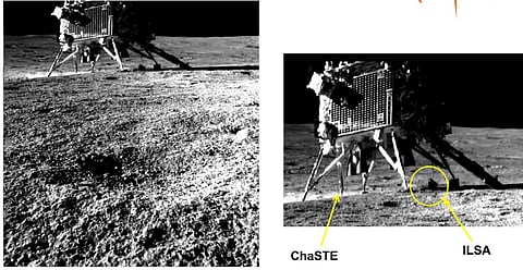 நிலவில் தரையிறங்கி ஆய்வு செய்துவரும் சந்திரயான்-3 விண்கலத்தின் விக்ரம் லேண்டரை, ஊர்திக் கலனான பிரக்யான் ரோவரின் நேவிகேஷன் கேமரா நேற்று காலை 7.35 மணியளவில் படம் எடுத்தது. இஸ்ரோ வெளியிட்ட இப் படத்தில், சந்திரனின் மேற்பரப்பில் ஆய்வு செய்யும் லேண்டரின் சேஸ்ட், இல்சா ஆகிய கருவிகளை தெளிவாக காண முடிகிறது.