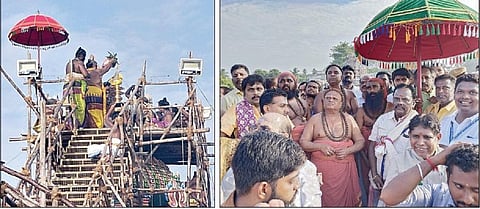 மயிலாடுதுறை மாயூரநாதர் கோயிலில் நேற்று நடந்த கும்பாபிஷேகம் (அடுத்த படம்) விழாவில் பங்கேற்ற திருவாவடுதுறை ஆதீனம் 24-வது குருமகா சந்நிதானம் ஸ்ரீலஸ்ரீ அம்பலவாண தேசிக பரமாச்சாரிய சுவாமிகள் | படங்கள்: வீ. தமிழன்பன்