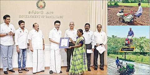 வேளாண்மை மற்றும் உழவர் நலத்துறை சார்பில், ரூ.35 கோடி மானியத்தில் 3,907 விவசாயிகளுக்கு பவர்டில்லர்கள் மற்றும் 293 விவசாயிகளுக்கு விசை களையெடுப்பான் கருவிகள் வழங்கிடும் விதமாக 3 விவசாயிகளுக்கு பவர்டில்லர்கள் மற்றும் விசை களையெடுப்பான் கருவிகளுக்கான ஆணையை தலைமைச் செயலகத்தில் முதல்வர் மு.க.ஸ்டாலின் வழங்கினார்.  உடன் அமைச்சர்கள் எம்ஆர்கே பன்னீர்செல்வம், உதயநிதி ஸ்டாலின், டிஆர்பி. ராஜா, தலைமைச் செயலர் சிவ்தாஸ் மீனா உள்ளிட்டோர்.