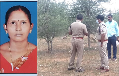 கரூர் மாவட்டம் பாலமலை காட்டுப்பகுதியில் சடலம் கிடக்கும் இடத்தில் ஆய்வு செய்யும் எஸ்.பி.  சுந்தரவதனம், டிஎஸ்பி அண்ணாதுரை.