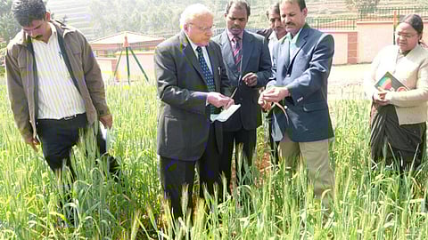 நீலகிரி மாவட்டம் வெலிங்டன் கோதுமை ஆராய்ச்சி நிலையத்தில் கடந்த 2014-ம் ஆண்டு ஆய்வு செய்த வேளாண் விஞ்ஞானி எம்.எஸ்.சுவாமிநாதன். | கோப்புப் படம்