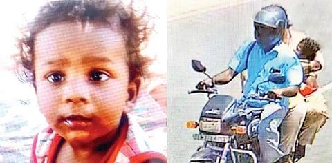 கடத்தப்பட்ட குழந்தை ஸ்ரீஹரீஸ் ( வலது ) திருச்செந்தூர் கோயில் வளாகத்தில் குழந்தையை கடத்திய பெண்  ஹெல்மெட் அணிந்த நபருடன் மோட்டார் சைக்கிளில் தப்பிச் செல்லும் காட்சி  சிசிடிவி கேமராவில் பதிவாகியுள்ளது.