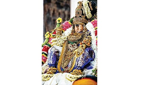 ஸ்ரீரங்கம் ரங்கநாதர் கோயிலில் நவராத்திரி உற்சவத்தின் 7-ம் நாளான நேற்று நடைபெற்ற தாயார் ரங்கநாச்சியார் திருவடி சேவை.