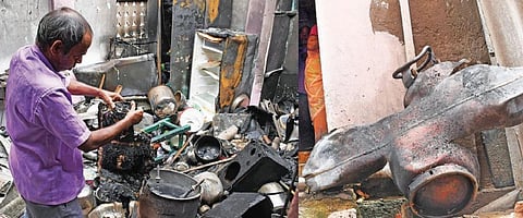 வீட்டில் காஸ் சிலிண்டர் வெடித்ததில் சேதமடைந்த பொருட்களை காண்பிக்கும் வீட்டின் உரிமையாளர். அடுத்த படம்: வெடித்துச் சிதறிய காஸ் சிலிண்டர் உருக்குலைந்து தெருவில் கிடக்கிறது. படங்கள்: எம்.சாம்ராஜ்