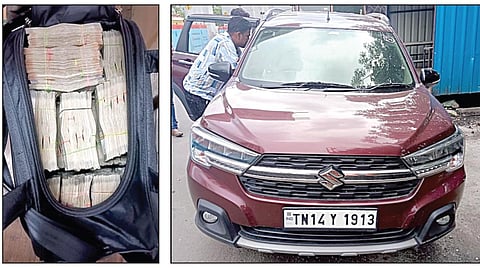 கே.கே.நகர் பகுதியில் காரில் கடத்தி வரப்படட ரூ.1 கோடி ஹவாலா பணம் மற்றும் பணம் கடத்தி வர பயன்படுத்திய கார்.