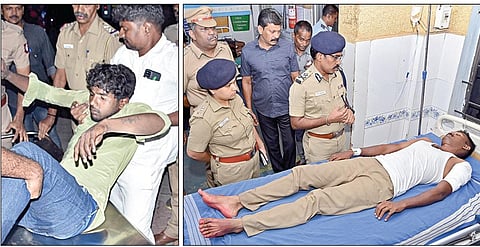 துப்பாக்கிச் சூட்டில் காயமடைந்த கொள்ளையன் ஸ்டீபன் ராஜை மருத்துவமனைக்குக் கொண்டுசெல்லும் போலீஸார். (அடுத்த படம்) காயமடைந்து மதுரை அரசு மருத்துவமனையில் அனுமதிக்கப்பட்டுள்ள எஸ்.ஐ. ரஞ்சித்திடம்  நலம் விசாரித்த காவல் ஆணையர்  லோகநாதன், துணை ஆணையர் சிநேகப்பிரியா. படங்கள்:  எஸ்.கிருஷ்ணமூர்த்தி