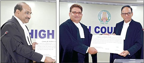 சென்னை உயர் நீதிமன்றத்தில் புதிதாக  பொறுப்பேற்றுக் கொண்ட நீதிபதிகள் எம்.சுதீர்குமார், விவேக்குமார் சிங் ஆகியோருக்கு உயர்நீதிமன்ற தலைமை நீதிபதி எஸ்.வி.கங்காபுர்வாலா நேற்று மாலை  பதவிப்பிரமாணம் செய்து வைத்தார்.படங்கள்: ம.பிரபு