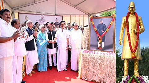 சென்னை மாநிலக் கல்லூரியில் முன்னாள் பிரதமர் வி.பி.சிங் சிலையை முதல்வர் ஸ்டாலின் நேற்று திறந்துவைத்தார். உடன், வி.பி.சிங் மனைவி சீதா குமாரி, மகன் அஜயா சிங் உள்ளிட்ட குடும்பத்தினர், உத்தர பிரதேச முன்னாள் முதல்வர் அகிலேஷ் யாதவ், தமிழக அமைச்சர்கள் துரைமுருகன், மு.பெ.சாமிநாதன், எ.வ.வேலு.