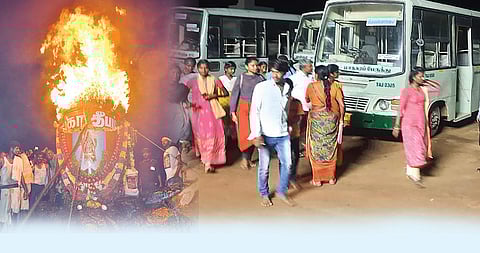 திருவண்ணாமலை அடுத்த ஏந்தலில் அமைக்கப்பட்டிருந்த தற்காலிக பேருந்து நிலையத்தில் நிறுத்தி வைக்கப்பட்டுள்ள சென்னை மினி பேருந்துகள்.