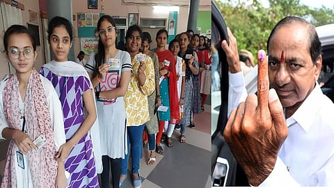 தெலங்கானா மாநிலத்தில் வாக்களிக்க காத்திருக்கும் இளம் வாக்காளர்கள்,  சித்திபேட்டை மாவட்டம் சிந்தமடகாவில் உள்ள வாக்குச்சாவடியில் நேற்று வாக்களித்த முதல்வர் சந்திரசேகர ராவ்.