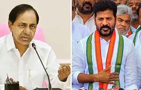 கே.சந்திரசேகர ராவ் (இடது), ரேவந்த் ரெட்டி (வலது)