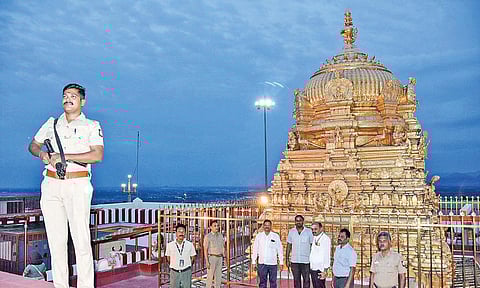 பாபர் மசூதி இடிக்கப்பட்ட தினத்தை முன்னிட்டு (டிச.6) பழநி முருகன் கோயில் தங்க கோபுரம் அருகே பாதுகாப்பு பணியில் ஈடுபட்டுள்ள துப்பாக்கி ஏந்திய போலீஸார், கோயில் அலுவலர்கள்.