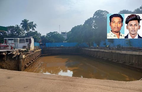 விபத்து நடந்த பள்ளம் (வெளிப்படம்) | உயிரிழந்த ஜெயசீலன் (இடது), நரேஷ் (வலது) - உள்படம்