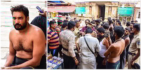 ஸ்ரீரங்கம் ரங்கநாதர் கோயிலில் நடந்த தகராறில் காயமடைந்த ஆந்திர மாநில ஐயப்ப பக்தர் சென்னா ராவ்; சம்பவம் குறித்து விசாரணை மேற்கொண்ட போலீஸார் | படங்கள்: ர.செல்வமுத்துகுமார். 