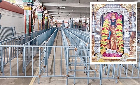 திருநள்ளாறு தர்பாரண்யேஸ்வரர் கோயிலின் உள்பிரகாரத்தில் பக்தர்கள் வரிசையில் செல்வதற்காக அமைக்கப்பட்டுள்ள இரும்பு தடுப்புக் கம்பிகள். (உள்படம்) சனீஸ்வர பகவான்.படம்: வீ.தமிழன்பன்