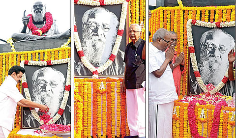பெரியாரின் 50-வது நினைவு தினத்தை முன்னிட்டு, சென்னை அண்ணா சாலையில் அமைந்துள்ள அவரது சிலைக்கு அருகில் வைக்க ப்பட்டிருந்த படத்துக்கு முதல்வர் மு.க.ஸ்டா லின், திராவிடர் கழகத் தலைவர் கி.வீரமணி, மார்க்சிஸ்ட் கம்யூனிஸ்ட் மாநில செயலாளர் கே.பாலகிருஷ்ணன் ஆகியோர் மலர் தூவி மரியாதை செலுத்தினர்.