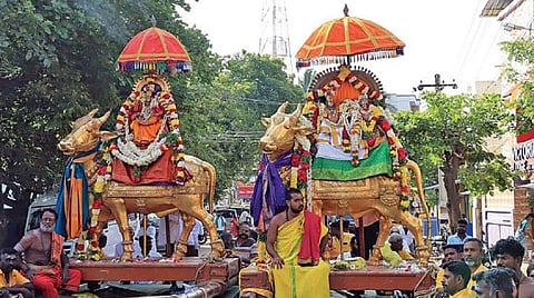 ராமேசுவரத்தில் தங்க ரிஷப வாகனங்களில் வீதியுலா வந்த ராமநாத சுவாமி, பர்வதவர்த்தினி அம்பாள்.