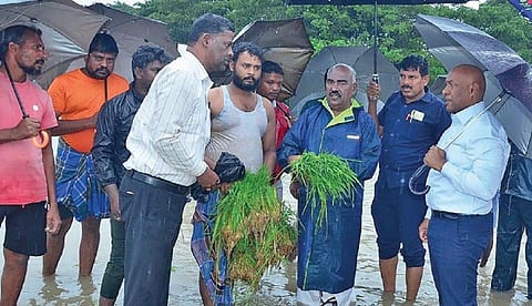 மரக்காணம் அருகே கந்தாடு ஏரி உடைந்து தண்ணீர் வெளியேறுகிறது.