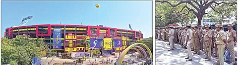 கேலோ இந்தியா போட்டிக்காக சீரமைக்கப்பட்டு வண்ணமயமாக காட்சியளிக்கும் சென்னை நேரு விளையாட்டு அரங்கம். (அடுத்த படம்) இன்று மாலை நடைபெறும் கேலோ இந்தியா தொடக்க விழாவில் பிரதமர் மோடி பங்கேற்பதால் பாதுகாப்புக்காக குவிக்கப்பட்டுள்ள போலீஸார். படங்கள்: எஸ்.சத்தியசீலன்