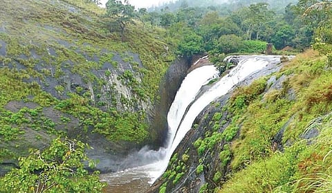 கொடைக்கானல் மலைப் பகுதியில் உள்ள ஆபத்து மிகுந்த அஞ்சுவீடு அருவி.