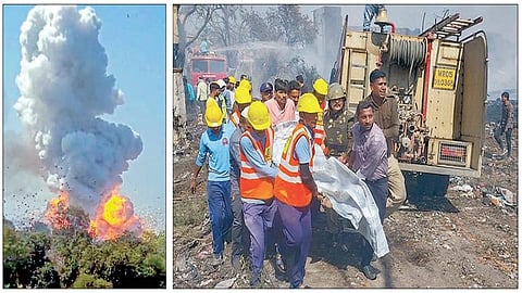 மத்திய பிரதேசத்தின் ஹர்தா மாவட்டத்தில் உள்ள பட்டாசு ஆலையில் நேற்று பயங்கர வெடி விபத்து ஏற்பட்டது. இதனால், பல அடி உயரத்துக்கு எழுந்த  ராட்சத புகை மண்டலம். (அடுத்த படம்) அங்கு மீட்பு பணியில் ஈடுபட்ட குழுவினர், படுகாயம் அடைந்த ஒருவரை மருத்துவமனைக்கு அனுப்புவதற்காக தூக்கி வருகின்றனர்.படங்கள்: பிடிஐ