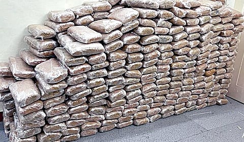 புதுக்கோட்டை மாவட்டம் மீமிசல் அருகே இறால் பண்ணையில் பதுக்கி வைக்கப்பட்டிருந்த, போதைப்பொருட்கள் அடங்கிய பார்சல்கள்.