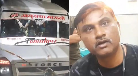 கொள்ளையர்கள் சுட்டதில் சேதமடைந்த வேன். டிரைவர் கோம்தேவ் கவாடே.