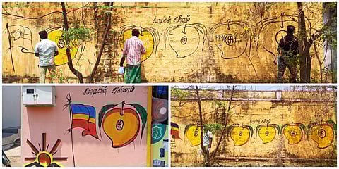 மேட்டூர் அடுத்த குஞ்சாண்டியூர் பகுதியில் சுவர்களில் திமுக, பாமக சார்பில் கட்சி சின்னம் வரையப்பட்டுள்ளது. சின்னம் வரையும் பணியில் தொழிலாளர்கள் ஈடுபட்டள்ளனர்.