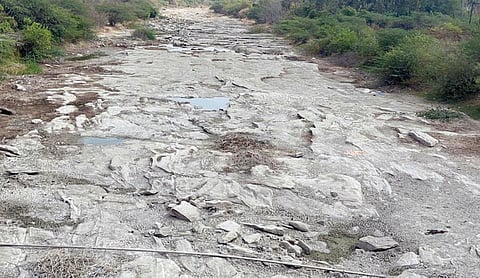வேப்பனப்பள்ளி அருகே 3 ஆண்டுகளுக்கு பின்னர் நீரின்றி வறண்ட மார்க்கண்டேயன் நதி பாறைகளாக காட்சியளிக்கிறது.