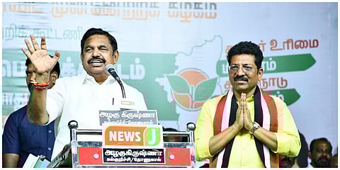 மதுரையில் அதிமுக சார்பில் போட்டியிடும் வேட்பாளர் சரவணனை ஆதரித்து அக்கட்சியின் பொதுச் செயலாளர் எடப்படாடி பழனிசாமி பிரச்சாரம் செய்தார். | படம்: எஸ்.கிருஷ்ணமூர்த்தி