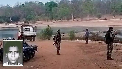 சத்தீஸ்கரின் கான்கெர் மாவட்ட வனப் பகுதியில் நேற்று தேடுதல் வேட்டையில் ஈடுபட்ட பாதுகாப்பு படையினர். (உள்படம்) உயிரிழந்த மாவோயிஸ்ட் கமாண்டர் சங்கர் ராவ்.