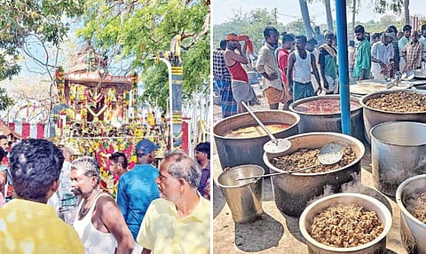 திருமலையில் மடைக்கருப்பு சாமி கோயில் திருவிழாவில் பங்கேற்றோர். (வலது) திருவிழாவில் சமைக்கப்பட்ட அசைவ உணவு.