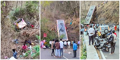 ஏற்காடு மலைப்பாதையில் 11-வது கொண்டை ஊசி வளைவு அருகே பள்ளத்தில் கவிழ்ந்து தனியார் பேருந்து விபத்துக்குள்ளானது.