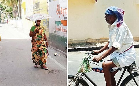 திருப்பத்தூரில் நேற்று 107.2 டிகிரி கோடை வெயில் சுட்டெரித்ததால் குடையுடன் செல்லும் பெண். ( அடுத்த படம் ) கோடை வெயிலை சமாளிக்க தலையை கைக்குட்டையால் மறைத்து செல்லும் முதியவர்.﻿﻿