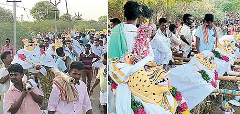 புலிக்குத்தி கிராமத்தில் இருந்து புலி சிலைகளை ஊர்வலமாக எடுத்துச் சென்ற கிராம மக்கள். ( அடுத்தப் படம் ) கலிபுலி மாரியம்மன் கோயில் முன்பாக இறக்கி வைக்கப்பட்ட புலி சிலைகள்.