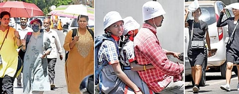 புதுச்சேரியில் சுட்டெரிக்கும் வெயிலால் மதிய நேரத்தில்  குடைபிடித்து செல்லும் பெண்கள். இடம்:நேருவீதி அடுத்தபடம்:  மதிய வெயிலில் பள்ளிக்கு குழந்தைகளை தலையில் தொப்பி அணிந்து இருசக்கர வாகனத்தில் அழைத்து செல்லும் தந்தை. கடைசிபடம்: வெப்பதிலிருந்து காத்துகொள்ள  தலையை மூடி செல்லும் பெண்கள். படங்கள்.எம்.சாம்ராஜ்