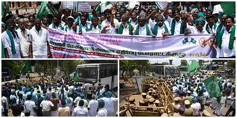 கர்நாடக அரசையும், தமிழக அரசையும் கண்டித்து காவிரி மேகேதாட்டு அணை எதிர்ப்பு போராட்டக் குழு சார்பில் தஞ்சாவூரில் போராட்டம் நடந்தது. | படங்கள்: ஆர்.வெங்கடேஷ்.