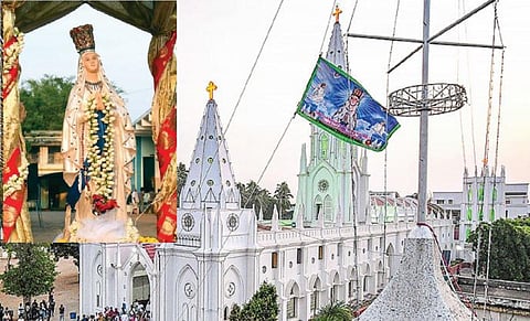 பூண்டி மாதா பேராலயத்தில் நேற்று மாலை நடைபெற்ற ஆண்டுப் பெருவிழா கொடியேற்றம். (உள்படம்) சப்பரத்தில் எழுந்தருளிய பூண்டி மாதா.படங்கள்: ஆர்.வெங்கடேஷ்