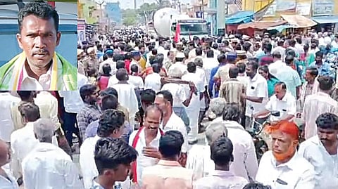 தேன்கனிக்கோட்டையில் மக்களைத் தாக்கும் யானையைப் பிடிக்க வலியுறுத்தி நேற்று  சாலை மறியலில் ஈடுபட்ட கிராம மக்கள். (உள்படம்) யானை தாக்கியதில் உயிரிழந்த திம்மராயப்பா.