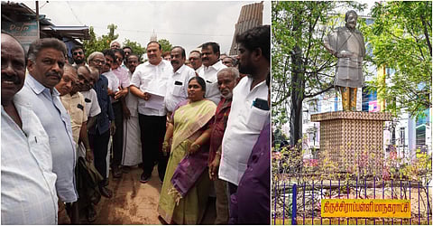 மூடப்பட்டுள்ள சிவாஜி கணேசன் சிலை (வலது) |  எம்எல்ஏ இனிகோ இருதயராஜ், காங்கிரஸ் கட்சியினர் மற்றும் சிவாஜி ரசிகர்கள் (இடது)