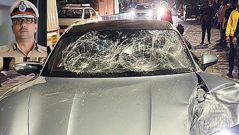 விபத்தை ஏற்படுத்திய கார். | உள்படம்: புனே காவல் ஆணையர் அமிதேஷ் குமார்