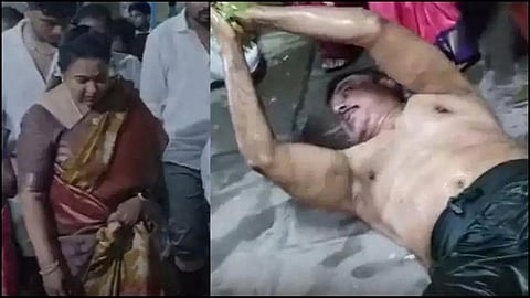 விருதுநகர் ஸ்ரீ பராசக்தி மாரியம்மன் கோயிலில் அங்கப்பிரதட்சணம் செய்து வழிபட்ட நடிகர் சரத்குமார்.